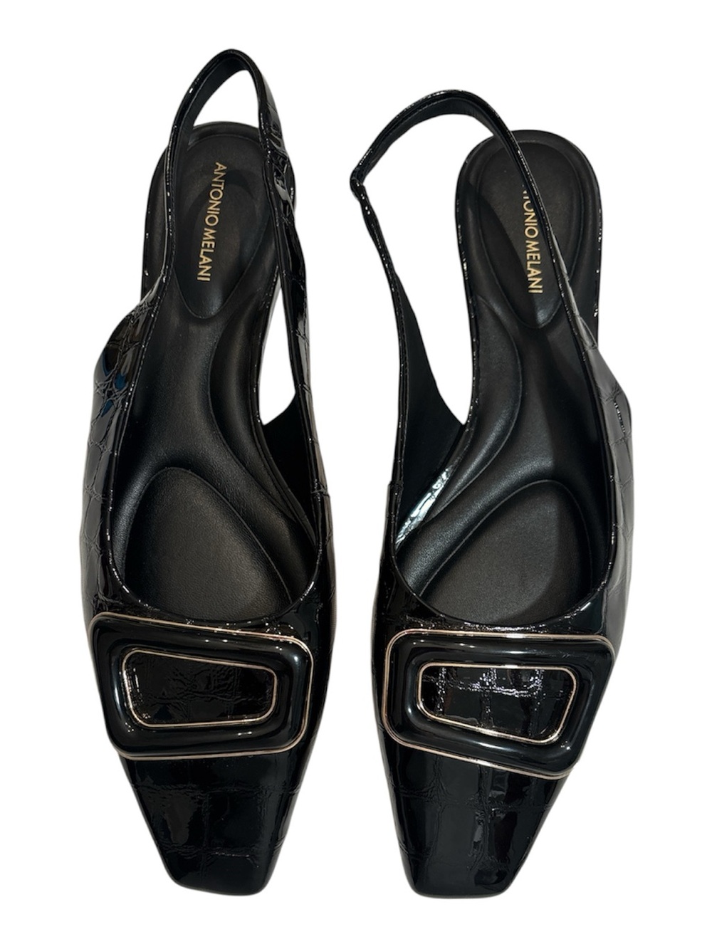 ANTONIO MELANI Black Crocodile Embossed Patent Leather Flats with Buckle Accent